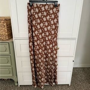 Altar’d State Brown Floral Satin Boho Maxi Skirt with Slit Size Small